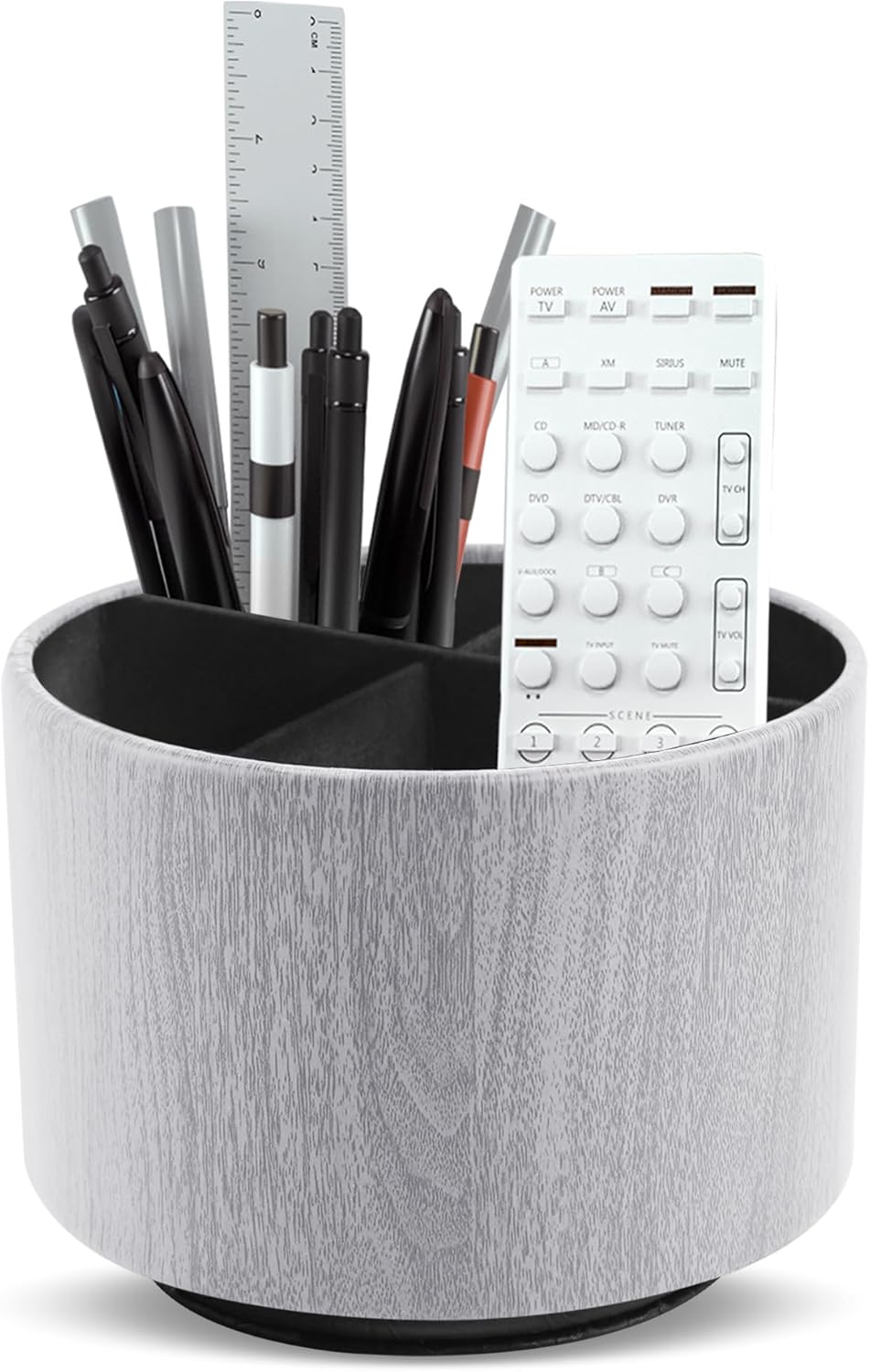 Round Leather Art Supply Organizer,Remote Control Holder,360 Degree Spinning,Multi-Functional Pencil Holder,4 Compartments Desktop Stationary Organizer(1-Thin Wood Grey)