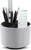 Round Leather Art Supply Organizer,Remote Control Holder,360 Degree Spinning,Multi-Functional Pencil Holder,4 Compartments Desktop Stationary Organizer(1-Thin Wood Grey)