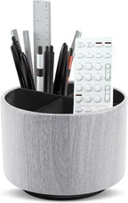 Round Leather Art Supply Organizer,Remote Control Holder,360 Degree Spinning,Multi-Functional Pencil Holder,4 Compartments Desktop Stationary Organizer(1-Thin Wood Grey)