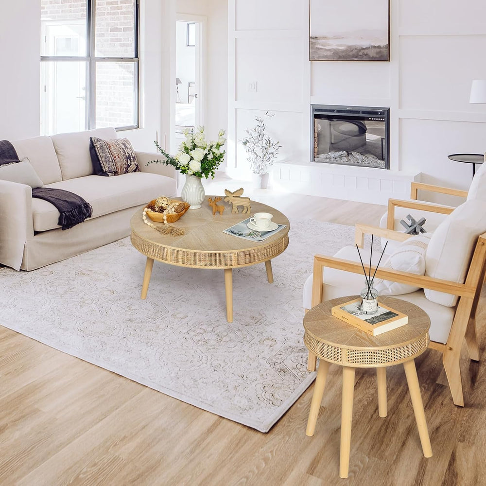 Wnutrees Farmhouse Round Coffee Table, Rustic Sofa Side Tea Set, Natural | 2 ...