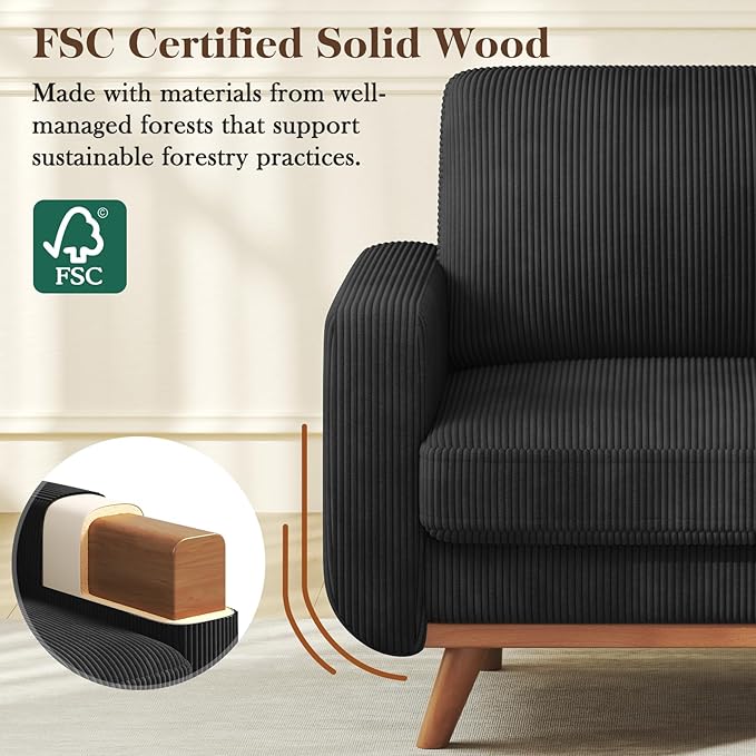 Vesgantti 38.5" Accent Chair Black, Comfy Corduroy Single Sofa Seat with Spring Cushion, Upholstered Armchair with Deep Seat, Reading Chair for Adults, Modern Sofa for Living Room, Bedroom