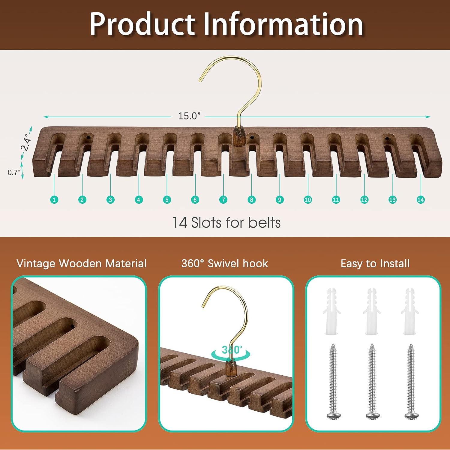 Wooden Belt Rack for Closet Wall Mount, Sturdy Belt Hanger Organizer Holds 14 Belts, Space Saving Belt Holder for Closet Door Wall, Walnut
