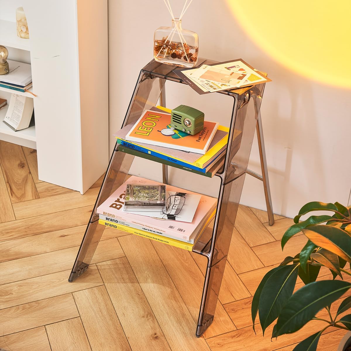 Home Folding Ladder Frame Indoor (Brown) Multi Functional Thick Folding Ladder Stool Simple Creative Anti Slip Plastic Edge Table Ladder Frame