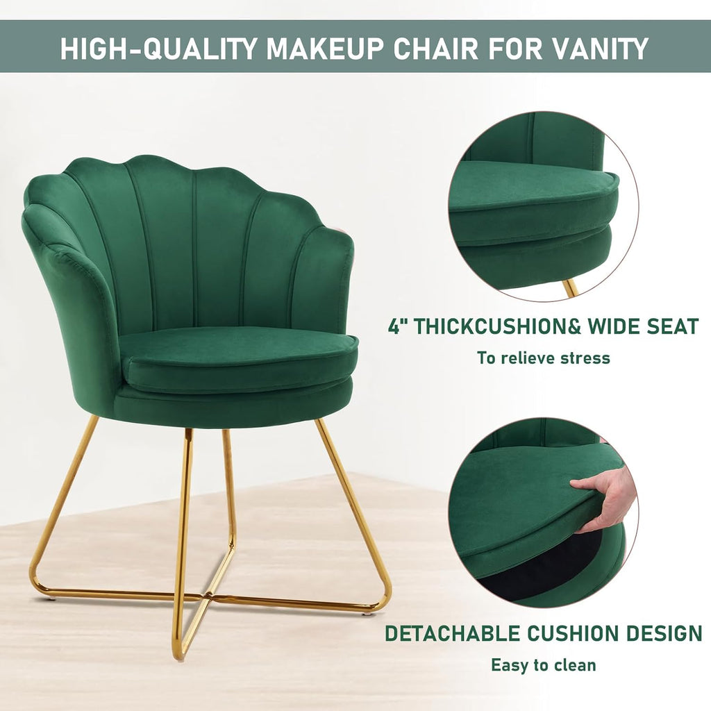 Furnimart Vanity Chair with Back, Shell Accent Chair for Living Room, Criss Cross Chair with Gold Legs, Makeup Chair for Bedroom Desk Chair no Wheels, Velvet Green