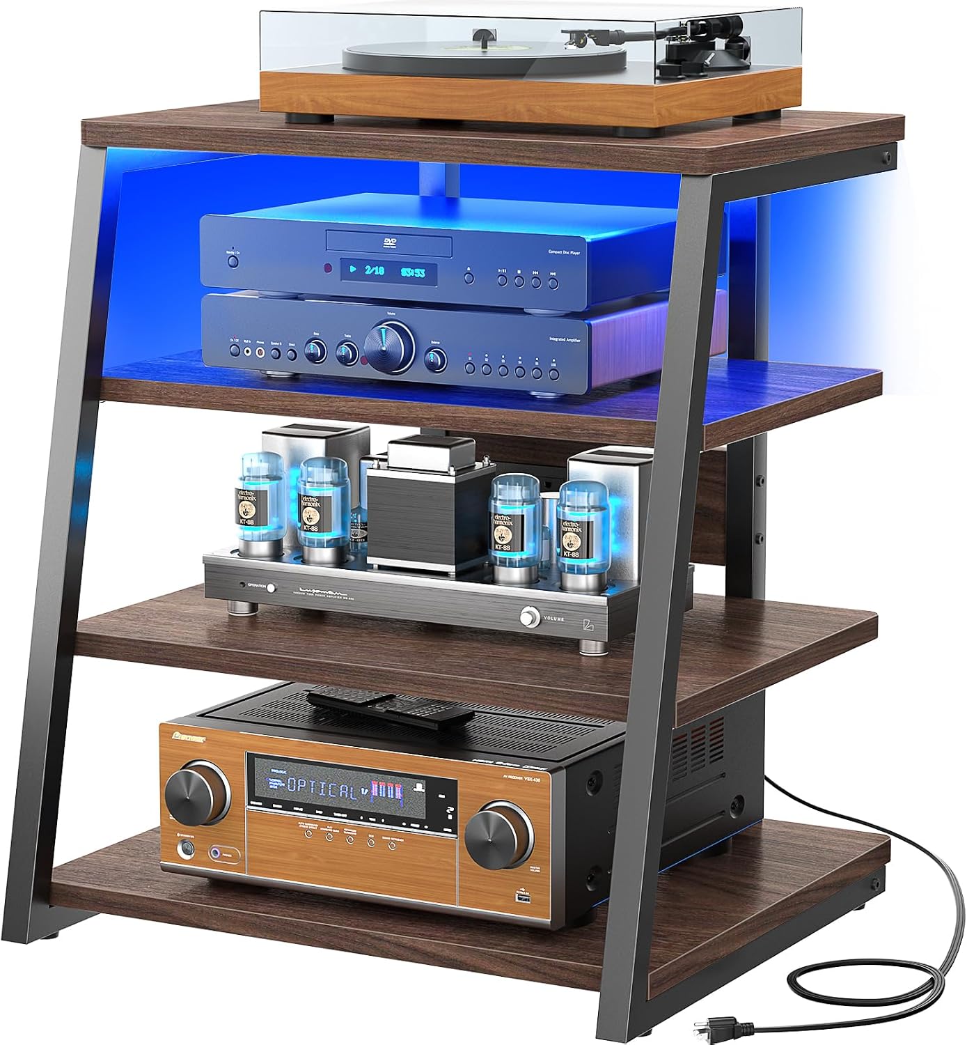 Armocity AV Media Stand, Stereo Stands and Racks Small Entertainment Center | Corner Shelf Stand with Power Strip & LED Lights, Audio Tower HIFI Rack Stereo Shelf CRT TV Stand, 4 Tier, Black Walnut