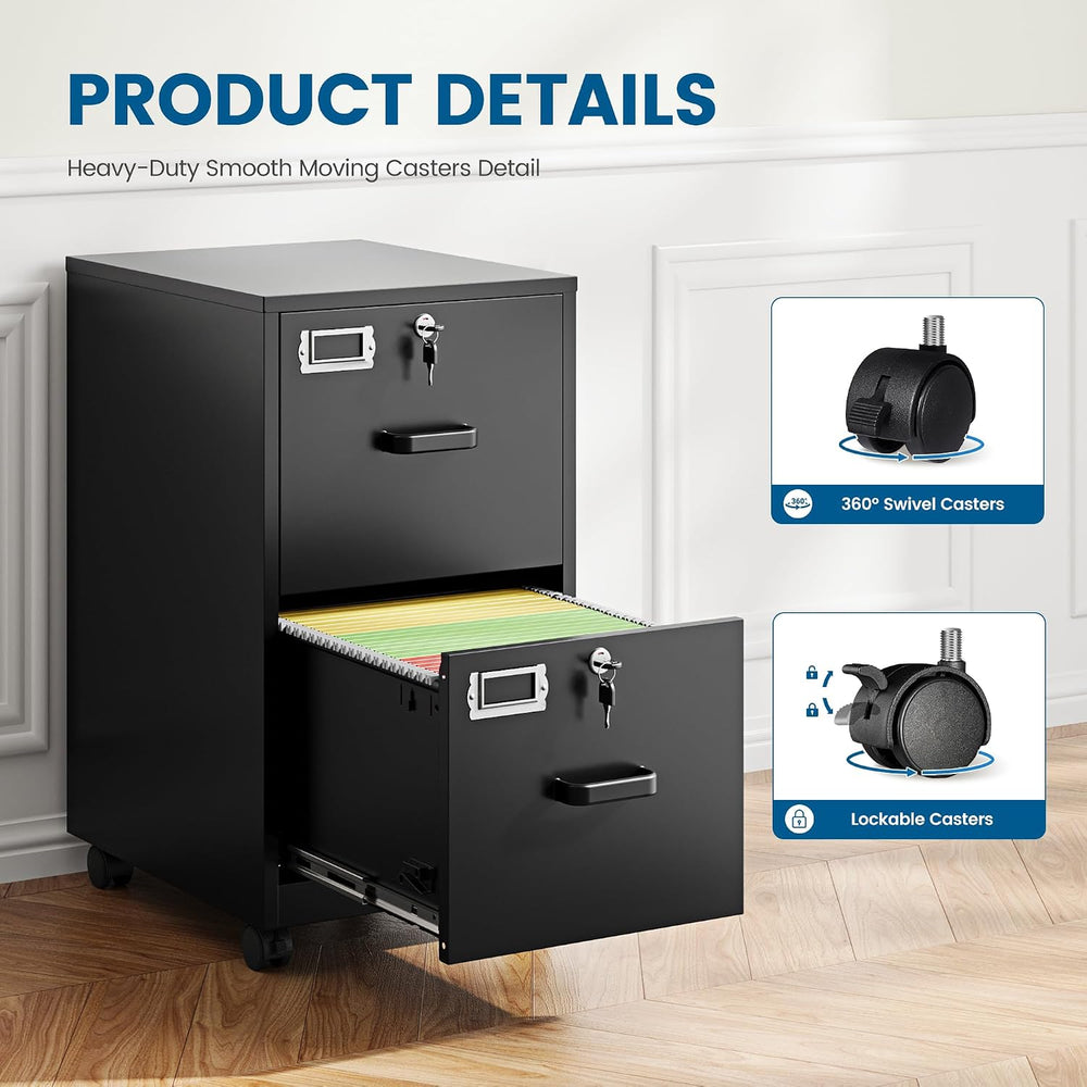 PEUKC 2 Drawer File Cabinet with Lock, Metal Under Desk Rolling Filing Cabine...