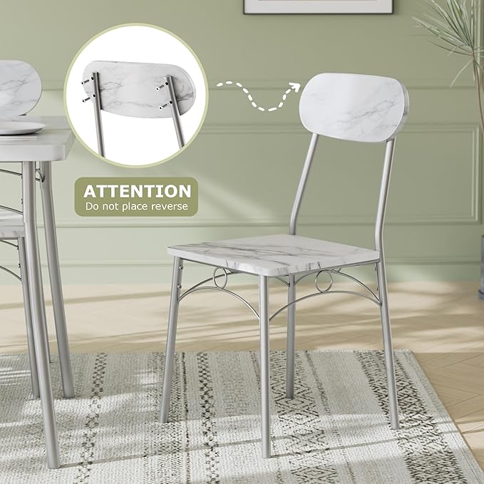 VECELO Dining Table Set for 4, 5-Piece Kitchen Table with 4 Chairs, MDF Board Tabletop with Metal Frame for Small Space, Compact Dinette, Breakfast Nook, Marble White