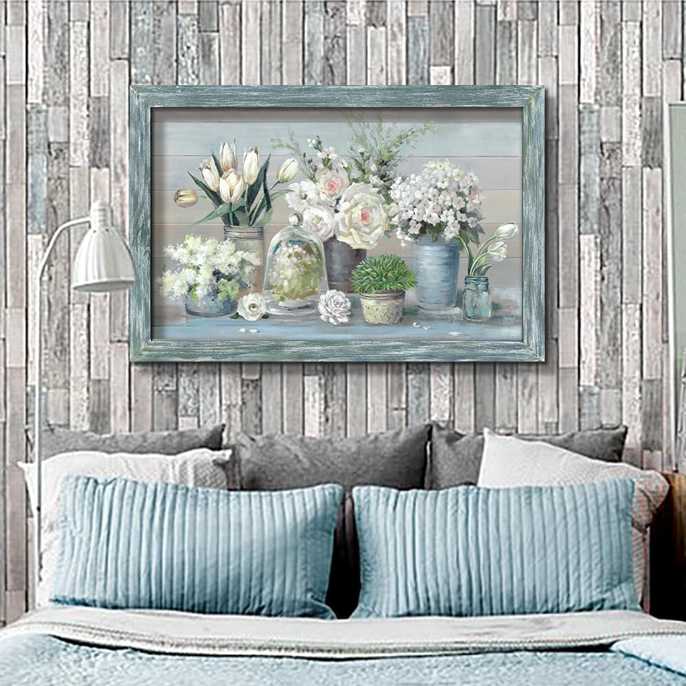 Botanical Flowers in Vase Wall Art：Bouquet Wooden Framed Artwork Print Painting Modern Abstract Floral Nature Plant Picture for Living Room Dinning Room Bedroom Farmhouse