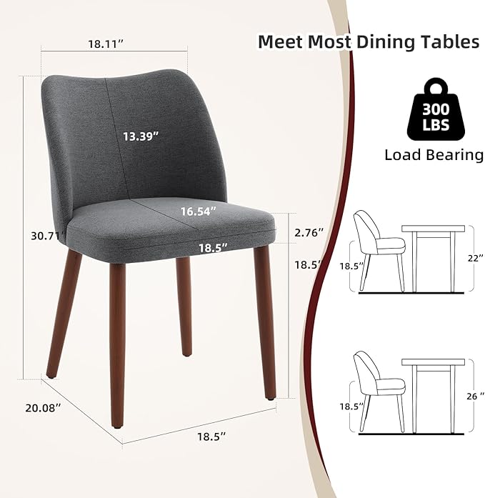 Dining Chair Set of 2, Linen Upholstered Dining Chair with Wood Legs, Wing Ba...