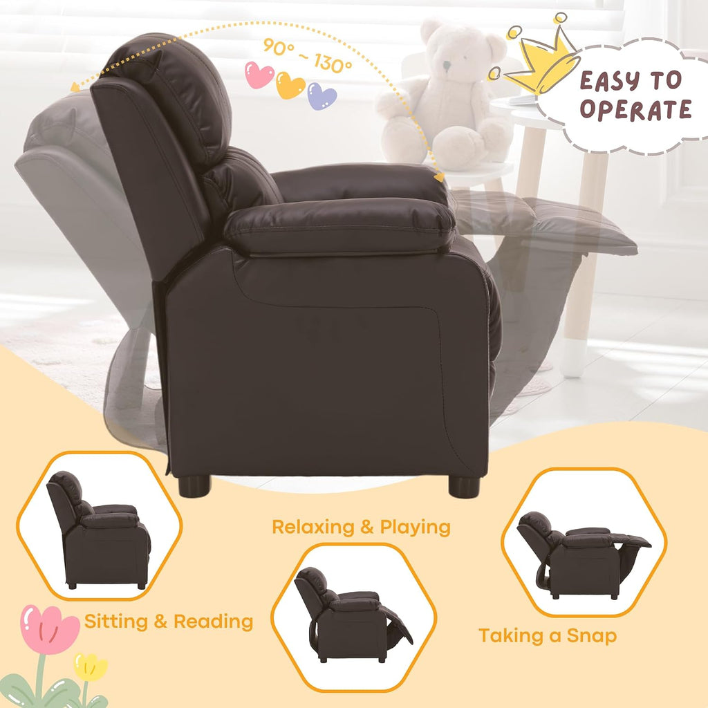Kids Recliner Chair Storage Arms Reclining Toddler Push Back Sofa Ages 2-8 | 2 Flip-up Storage Arms, PU Leather, Adjustable Footrest, Reading Gaming Relaxing Sleeping, Children Child Youth Boys Girls