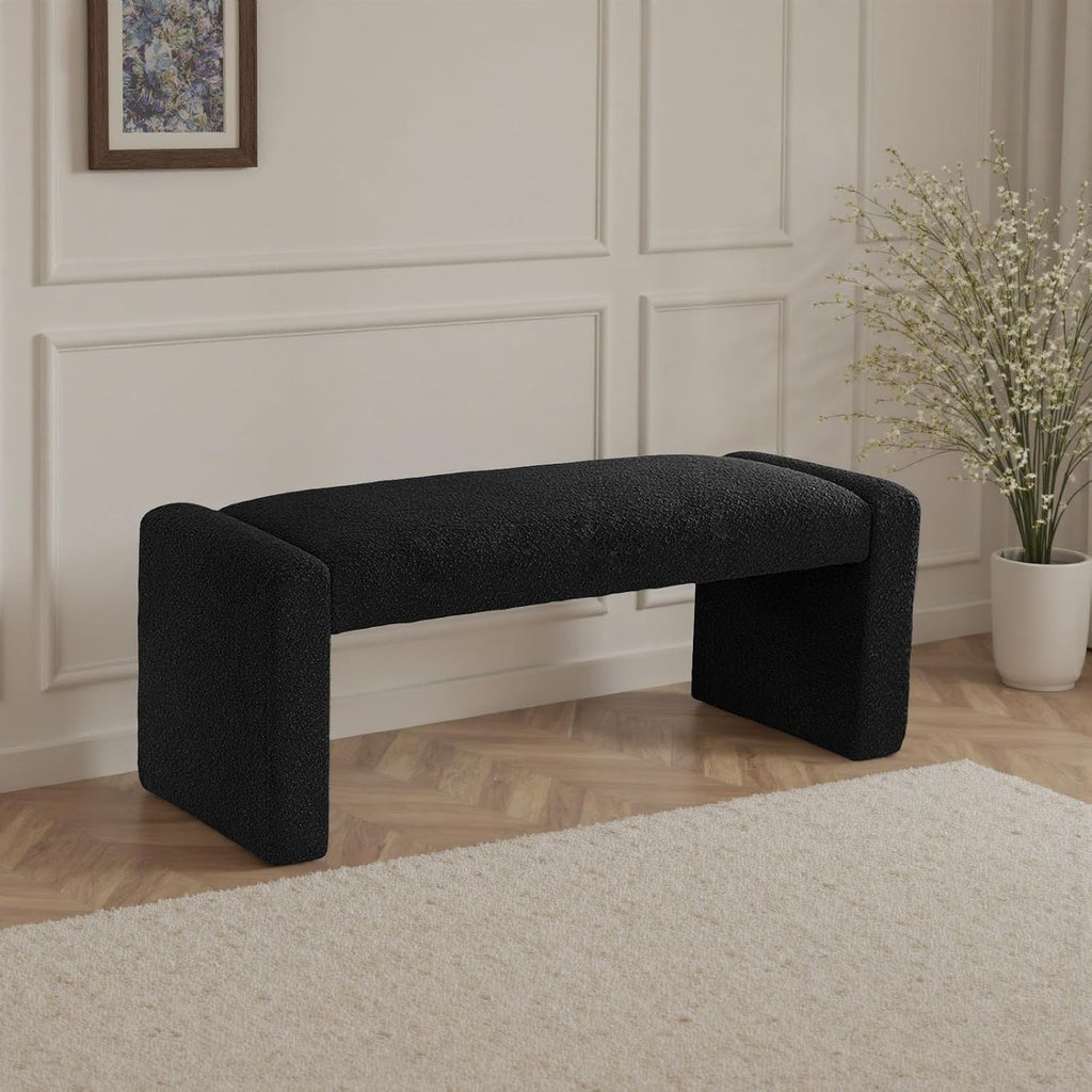 Black Entryway Bench with Solid Wood Frame, 47" Boucle Upholstered Bench | End of Bed Bench with Cushion Seat Ottoman Padded Benches for Bedroom, Living Room, Window, Hallway, Foyer, Reading