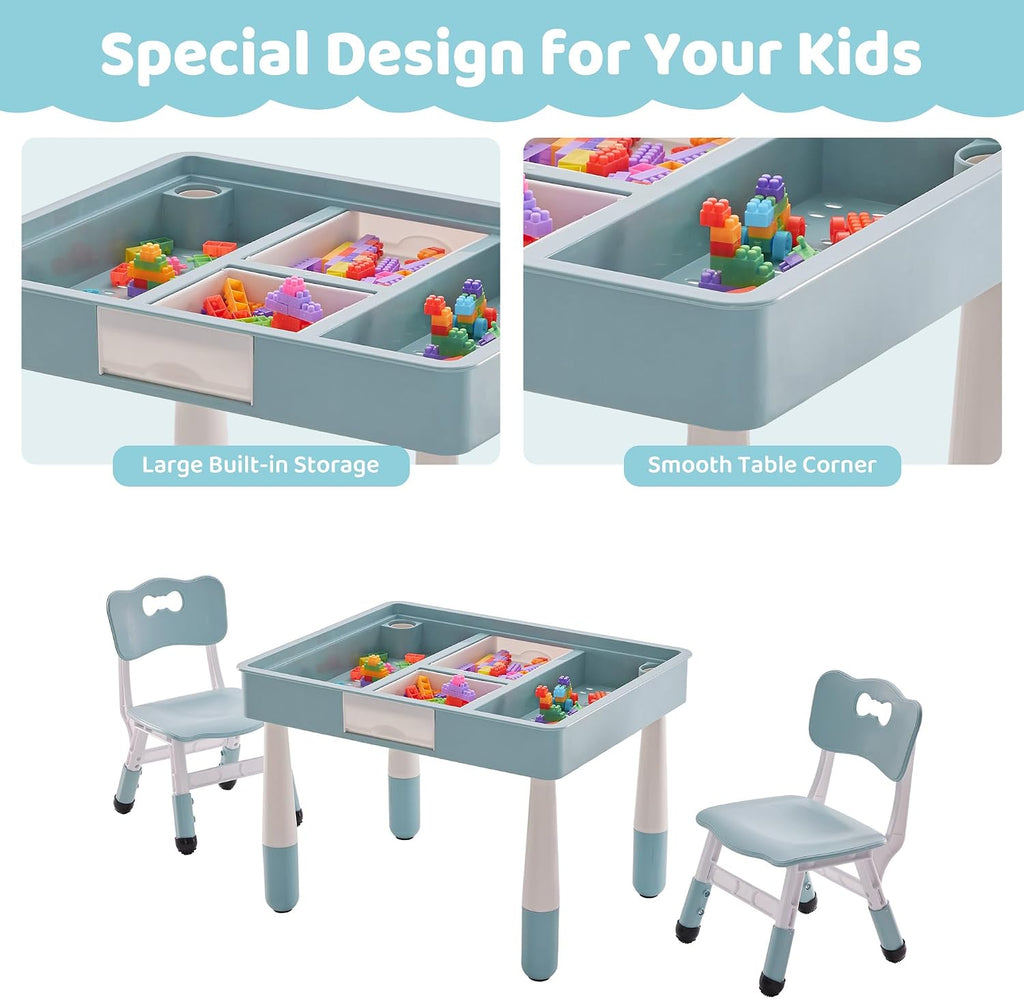 DOREROOM 4 in 1 Kids Table and 2 Chairs Set with Storage, Toddler Table and Chair Set for Kids Ages 3-10, Graffiti & Building Blocks Double-Sided Tabletop (Grayish Blue, 2 Chairs)