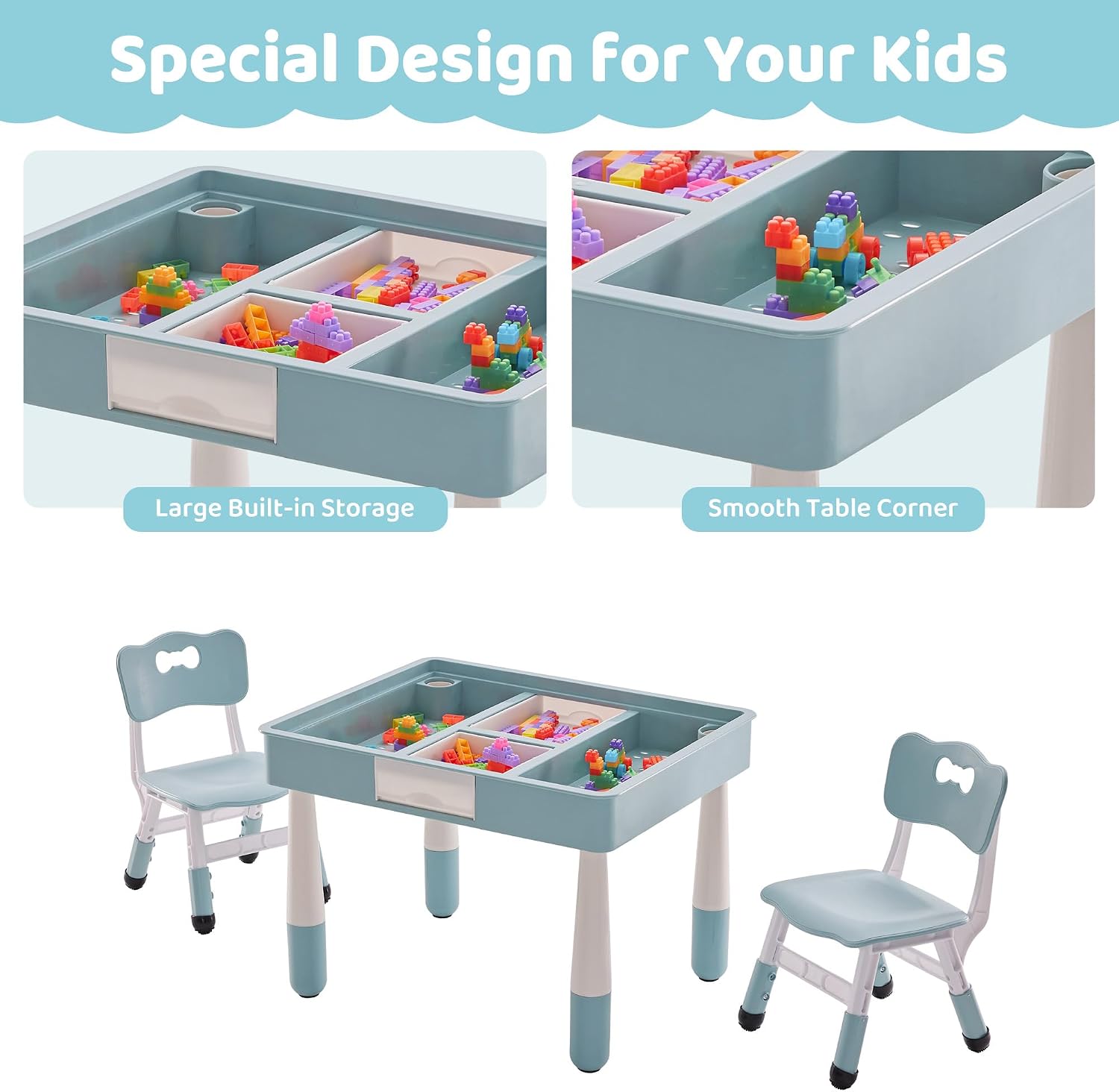 DOREROOM 4 in 1 Kids Table and 2 Chairs Set with Storage, Toddler Table and Chair Set for Kids Ages 3-10, Graffiti & Building Blocks Double-Sided Tabletop (Grayish Blue, 2 Chairs)
