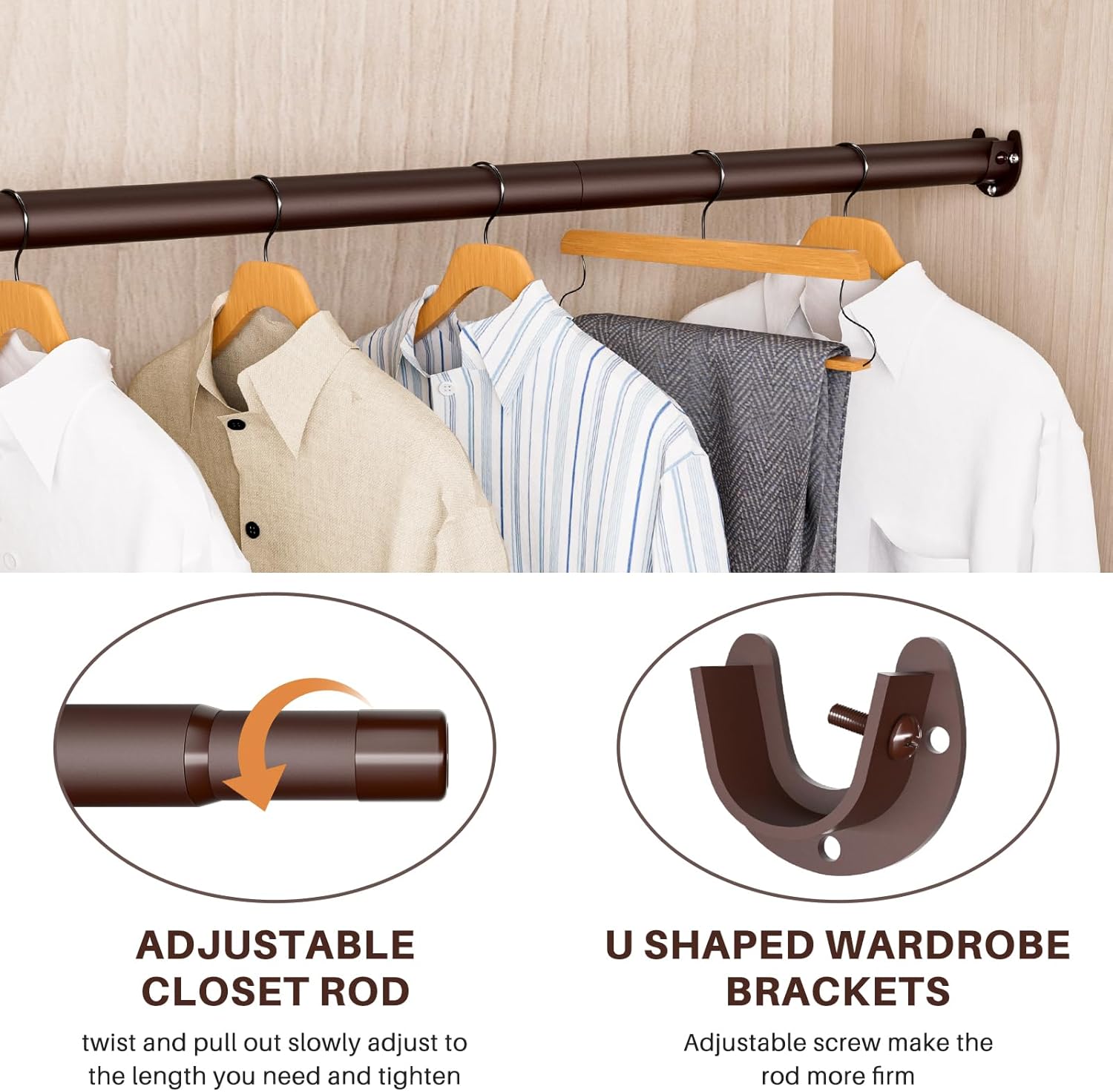 Closet Rod - Closet Rods for Hanging Clothes, 17 to 68 inch Adjustable Closet Hanging Rod, Heavy Duty Clothes Rod Clothing Bar, Closet Poles for Hanging Clothes for Wardrobes, Shower Curtain