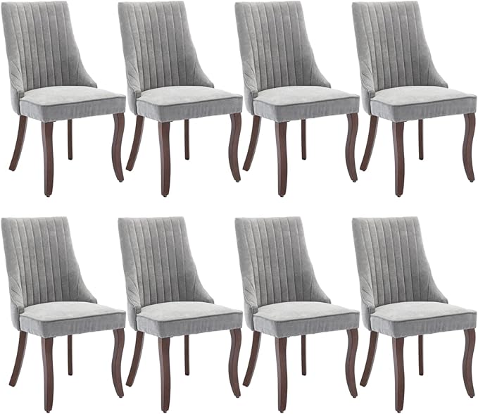 Dining Chairs Set of 8,Comfy Fabric Upholstered Chairs for Kitchen Living Room,Channel Tufted Dining Room Chairs with Curved Solid Wood Legs(Gray,8 Pcs)