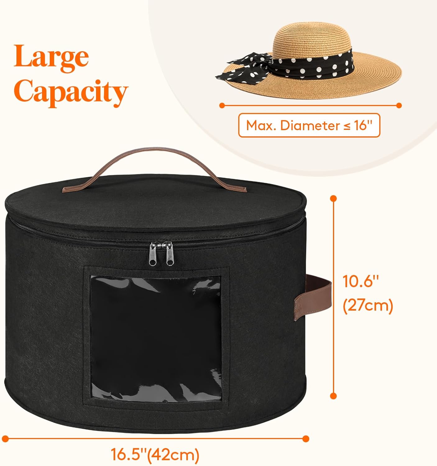 Lifewit Round Cowboy Hat Box for 7 Caps, Large Felt Hat Organizer Bag for Men & Women Storage, Baseball Cap Container with Dustproof Lid for Travel, Foldable 16.5" D x 10.6" H Carrier, 2 Pack, Black