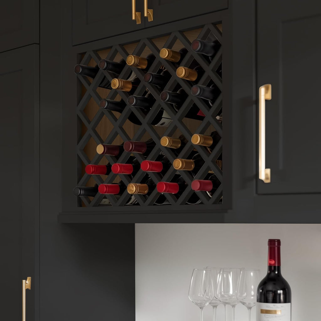 Solid Wood RTA Wine Bottle Rack Wall Cabinet with Lattice Panels - Bottle Holder Storage for Bar, Pantry, or Wine Cellar - Mocha finish Countertop Solution (Charcoal Black, 24'W 12'D 30'H)