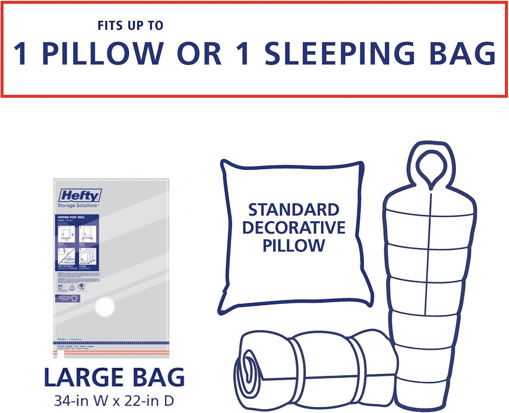 Hefty Vacuum Bags for Clothes 4 Pack, Space Saving Large Vacuum Storage Bags (34 X 22 Inches) Compression Seal for Bedding, Travel Pump Included (4 Large Heavy Duty)