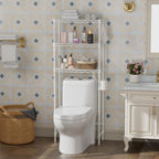 Over The Toilet Shelf,3-Tier Adjustable Freestanding Metal Bathroom Organizer Shelves with Toilet Paper Holder & Hooks,Space-Saving for Narrow Small Bathroom,10”D x 24”W x 66”H,White