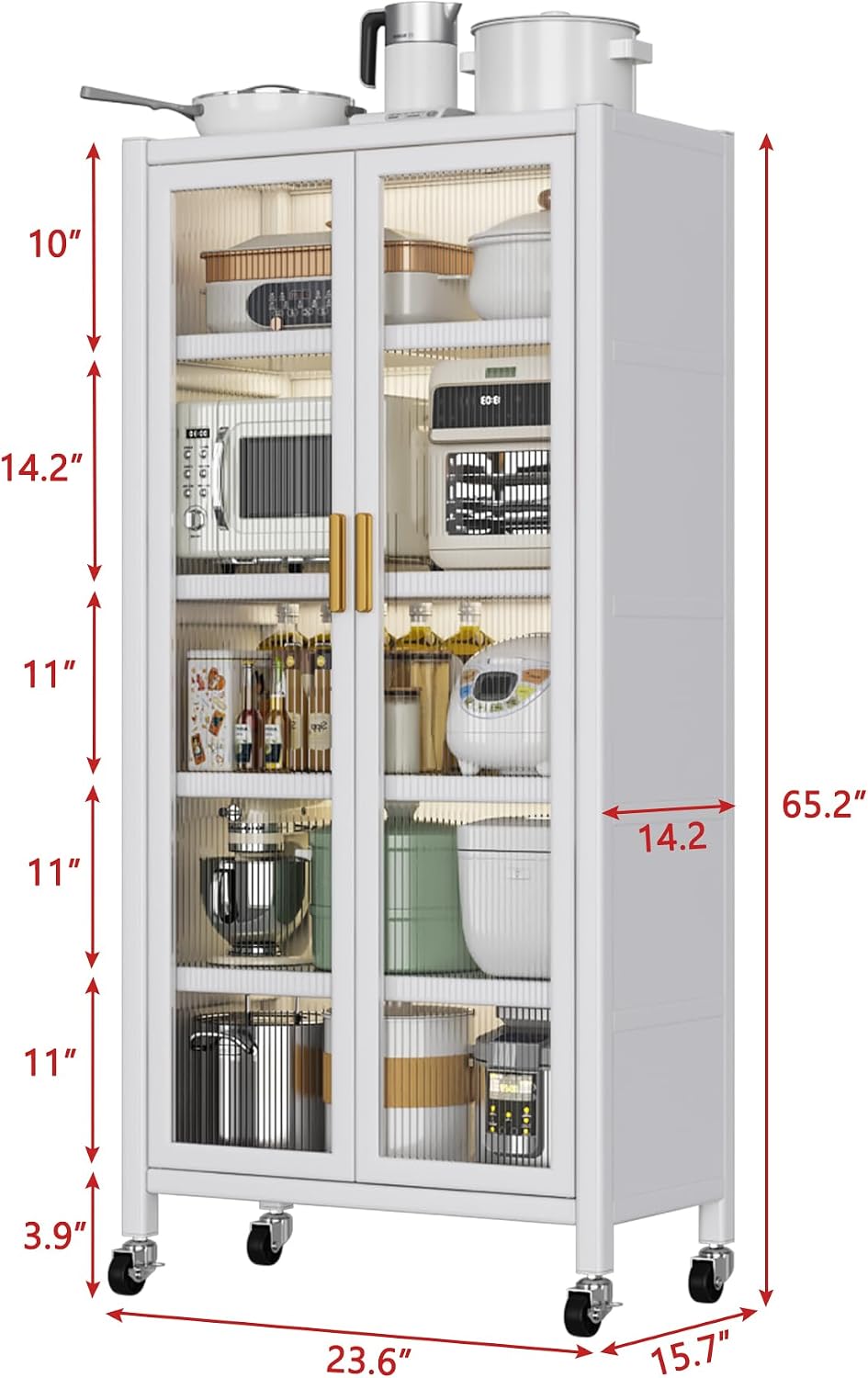 White Metal 5-Tier Kitchen Pantry Cabinet with Acrylic Glass Doors & Whee...
