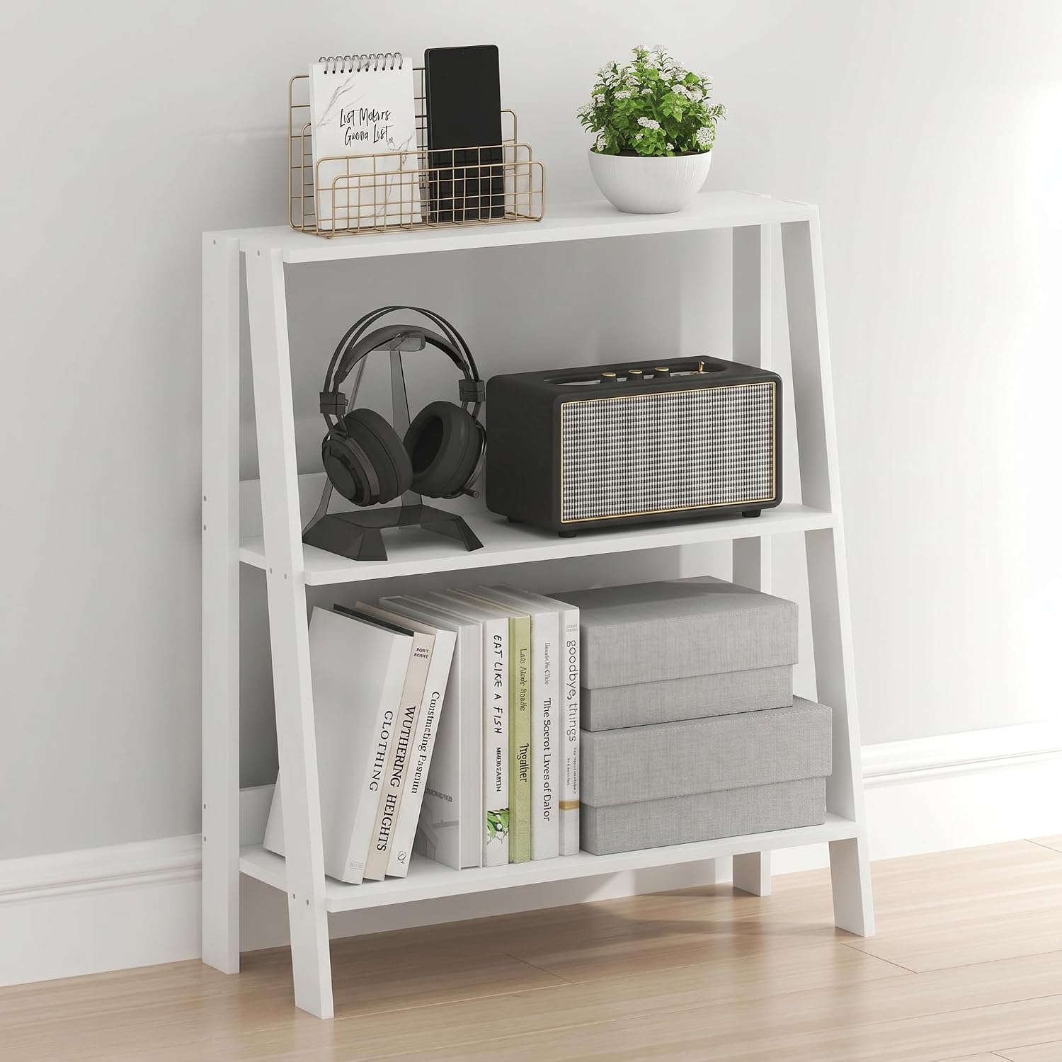 Furinno Ladder Shelf, 3-Tier Ladder Book Shelf, Bookcase, White | Storage Shelves, Storage Rack, for Organization and Storage, Living Room, Home Office