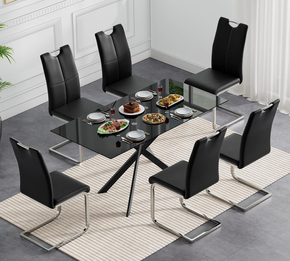 Modern Black Glass Dining Table Set for 6, Glass Kitchen Table and Chairs Set...
