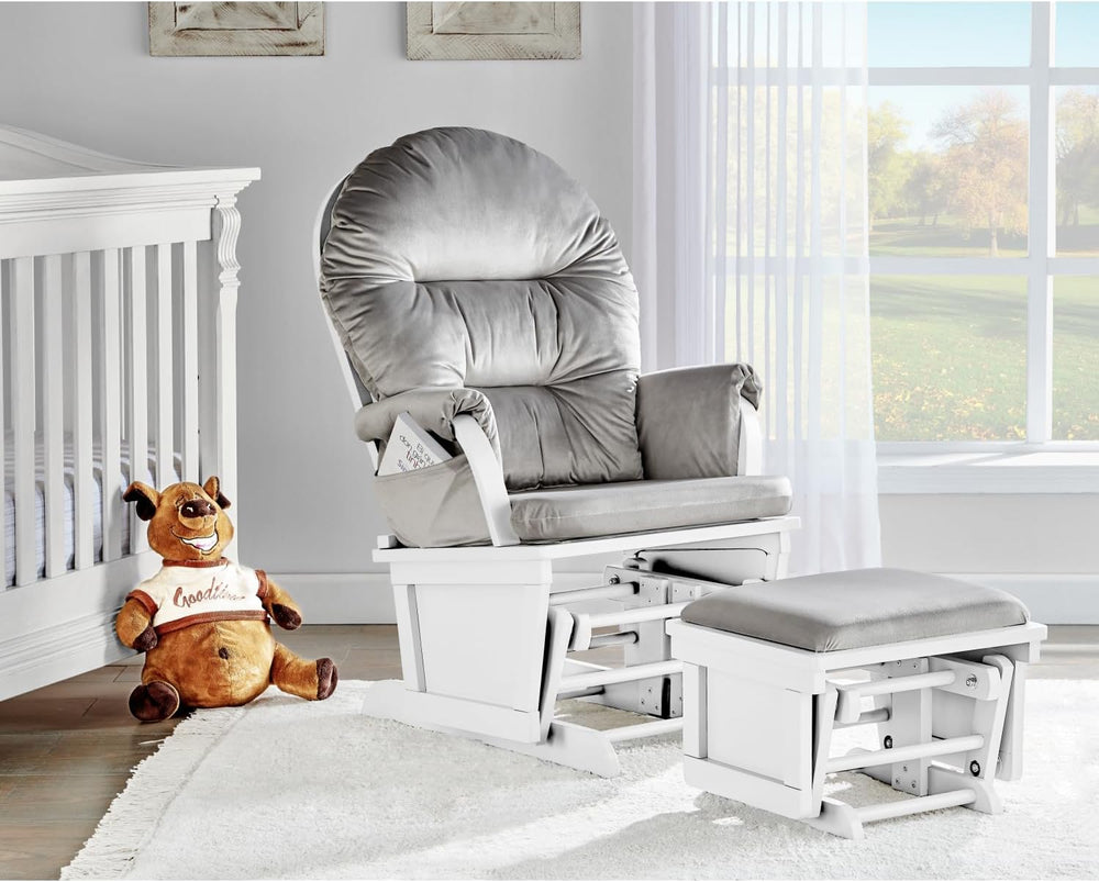 Madison Glider and Ottoman: White Wood and Gray Fabric for Comfort and Style