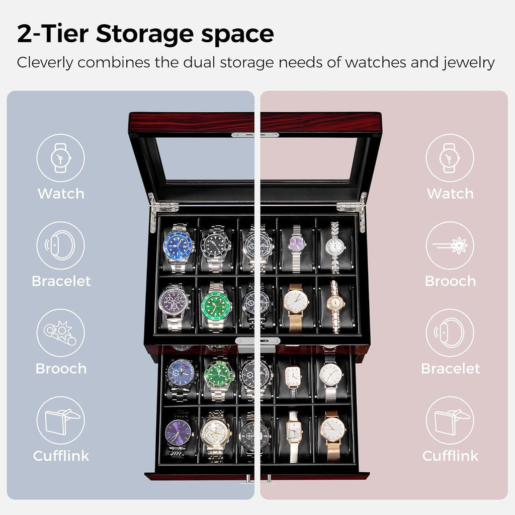 ANWBROAD Watch Box 20 Slot Watch Cases for Men with Large Glass Lid 2-Tier Watch Display Case Lockable Wooden Watch Organizer Elegant Watch Holder for Women UJWB002Y