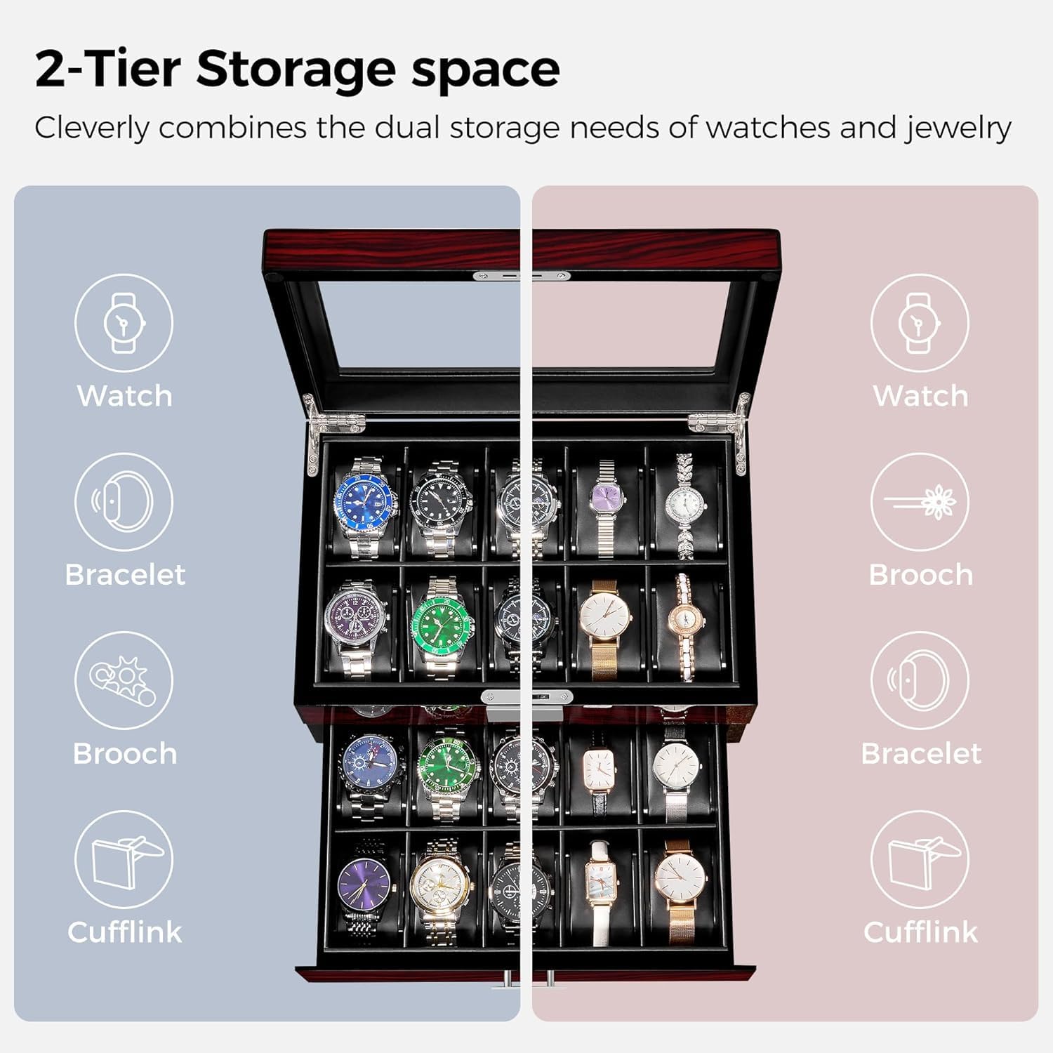 ANWBROAD Watch Box 20 Slot Watch Cases for Men with Large Glass Lid 2-Tier Watch Display Case Lockable Wooden Watch Organizer Elegant Watch Holder for Women UJWB002Y