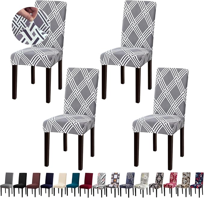 Chair Covers for Dining Room Set of 4, Dining Chair Covers, Kitchen Chair Covers, Stretch Removable Washable Dining Chair Slipcovers for Home, Hotel, Banquet, Grey Rhombus