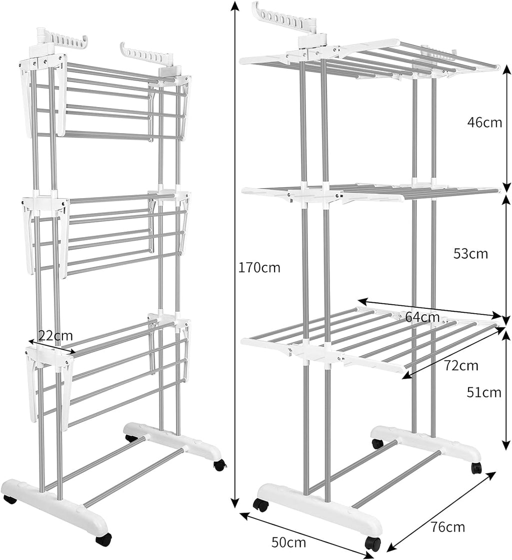 Bigzzia 3 Tier Folding Drying Rack Clothing Clothes Horses Rack Stainless Steel Laundry Drying Rack (Grey White, 4 Tier)