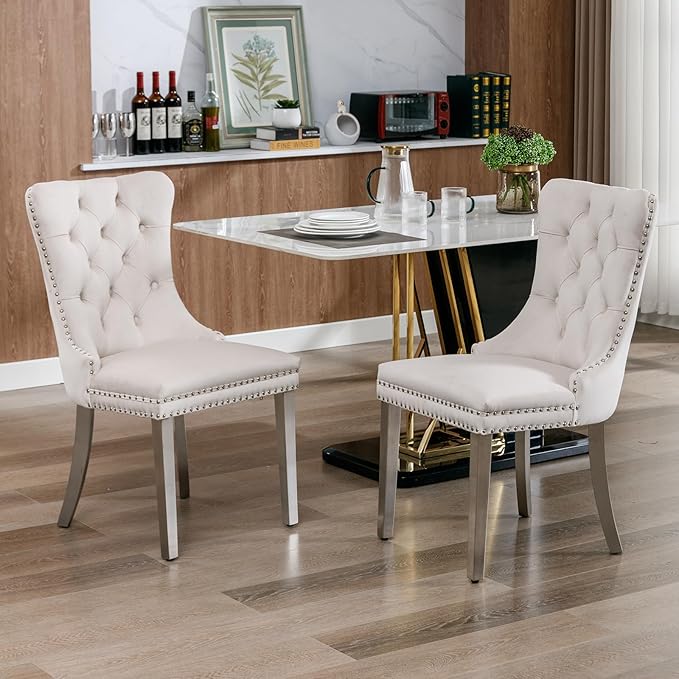 Mid Century Modern Dining Chairs Set of 2, Beige Velvet Upholstered Tufted Ba...
