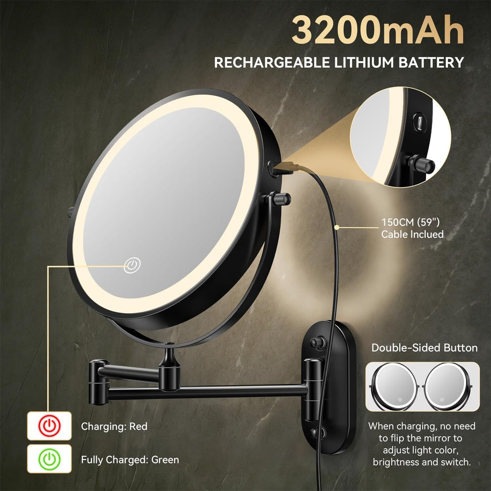 Auxmir 1X/20X Wall Mounted Makeup Mirror, 8" Rechargeable Magnifying Mirror