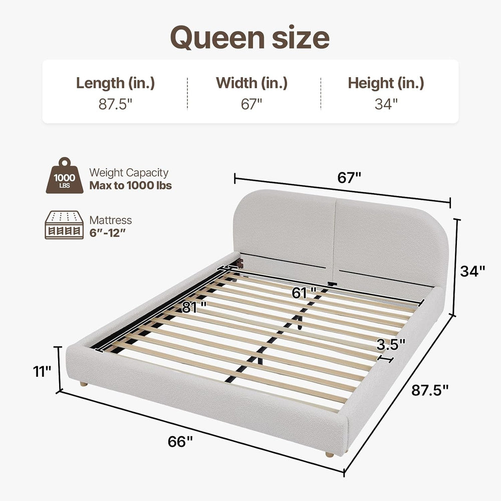Kenhome Queen Size Boucle Cloud Bed Frame, Upholstered Platform Bed with Curv...