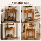 Half Moon Console Table - Solid Wood Vintage Half Round Foyer Table with Drawer and Shelf, Narrow Accent Table for Entryway, Hallway, Living Room and Small Spaces, (Brown, 23.6" W)
