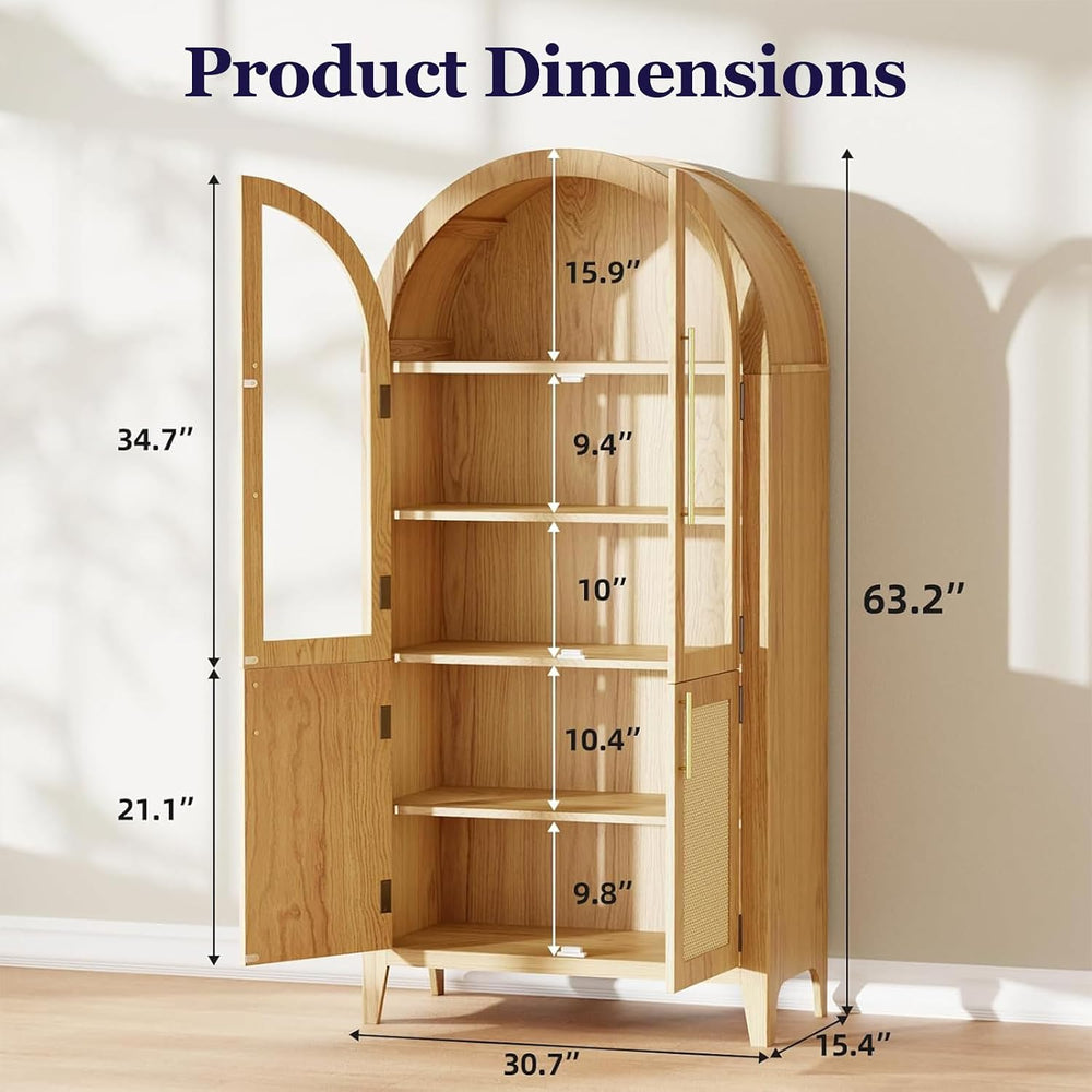 63" Tall Arched Cabinet with Glass Doors, Kitchen Pantry Storage Cabinet...