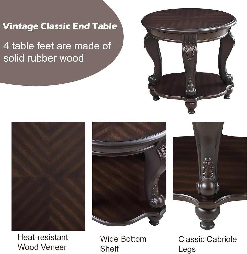 Round End Table for Living Room, Solid Wood Sofa Side Table with Shelf, Retro...