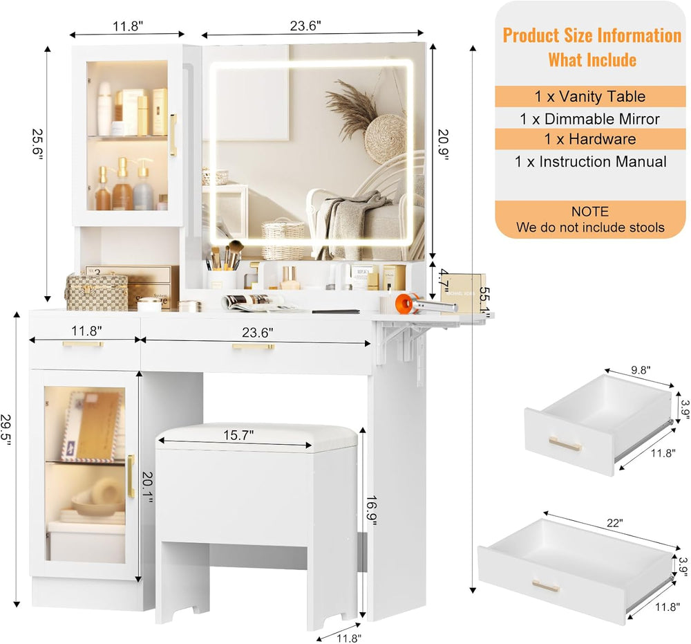 NUNU LAB 42 Inchs Large Vanity Desk with Mirror and Lights | 6 Drawers and 4 ...
