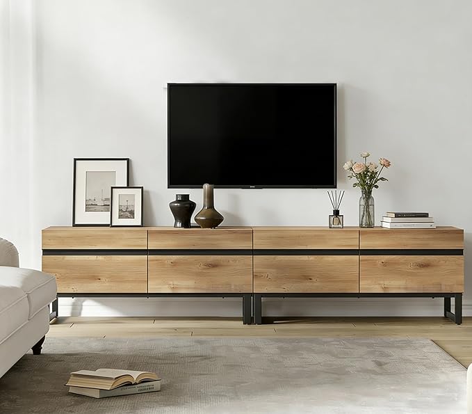 WAMPAT Modern TV Stand for TVs Up to 75 Inch, 2-in-1 Entertainment Center Media Console with Storage Cabinets, TV Console for Living Room, Oak