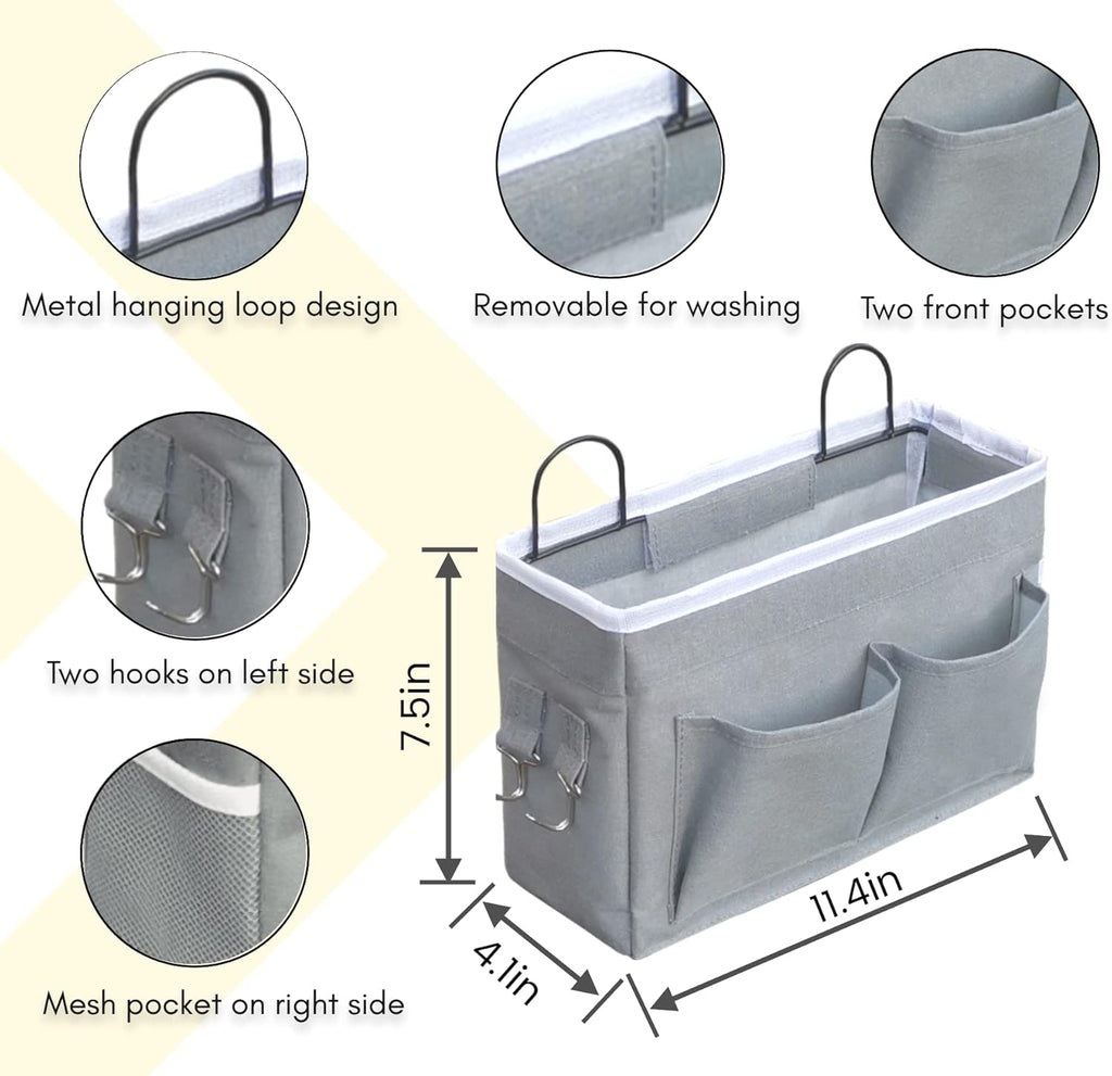 2pcs Middle Wall Hanging Organizer Bag, Linen Fabric Door Hanging Storage Basket with Pockets, Waterproof Bin for Kitchen, Bedroom, Office, RV Camper (Gray)