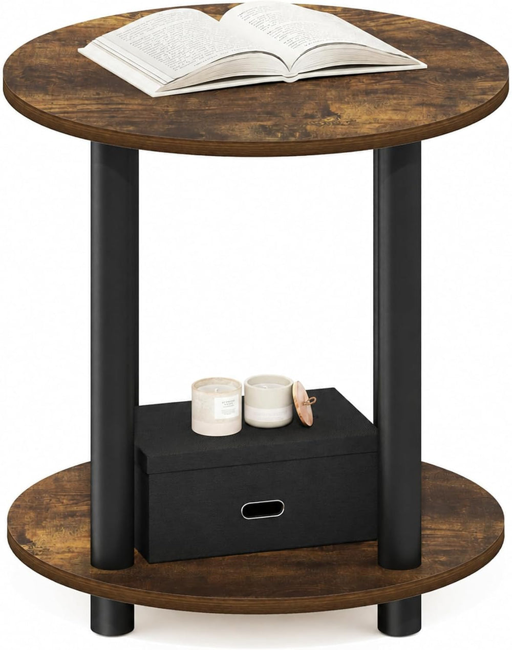 Furinno Turn-N-Tube Toolless Assembly Side Table, 2-Tier Rustic Brown Round E...