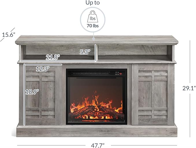 BELLEZE 48" TV Stand with 18" Electric Fireplace Heater, Modern TV Stand for TVs up to 50", Entertainment Media Stand with Open Shelves and Storage Cabinets for Living Room, Bedroom (Grey Wash)