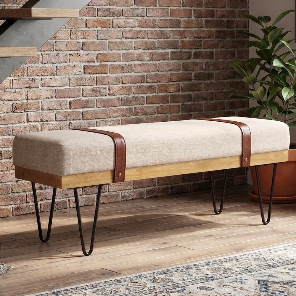 DUOMAY Industrial Modern Linen Rectangle Ottoman Bench with PU Strap and Meta...