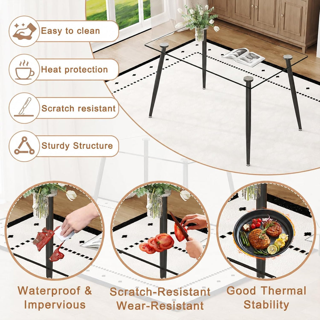 Ebullient Glass Dining Table Set for 4, 51" Clear Tempered Glass Table with Black Metal Legs and 4 Transparent Acrylic Chairs, Compact Modern Kitchen Table Set for Small Space Dining Room