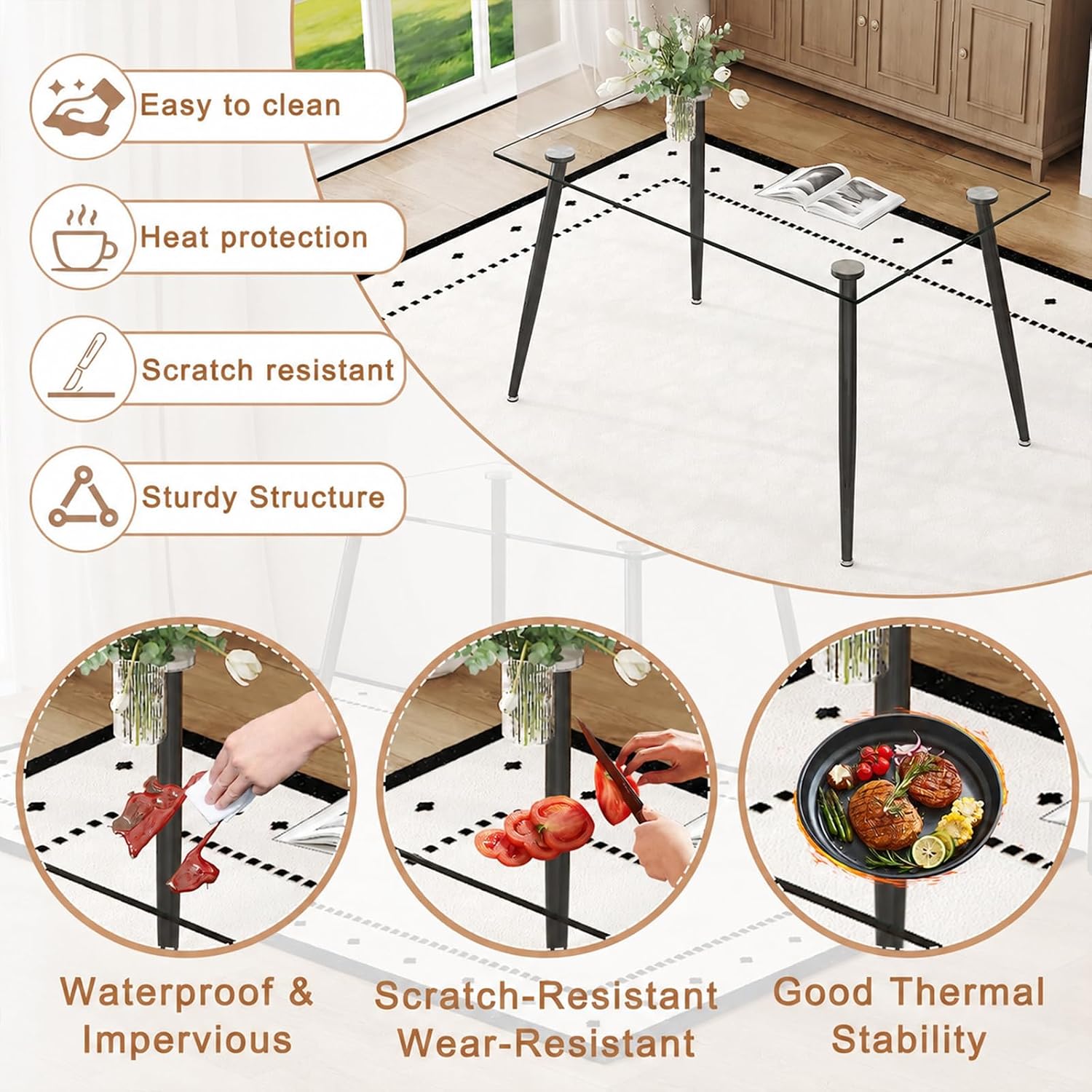Ebullient Glass Dining Table Set for 4, 51" Clear Tempered Glass Table with Black Metal Legs and 4 Transparent Acrylic Chairs, Compact Modern Kitchen Table Set for Small Space Dining Room