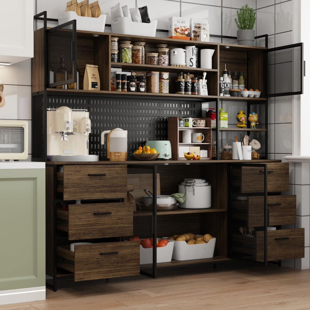 MOUMON 70.9" Extra Large Kitchen Pantry Cabinet with Hutch, Industrial K...