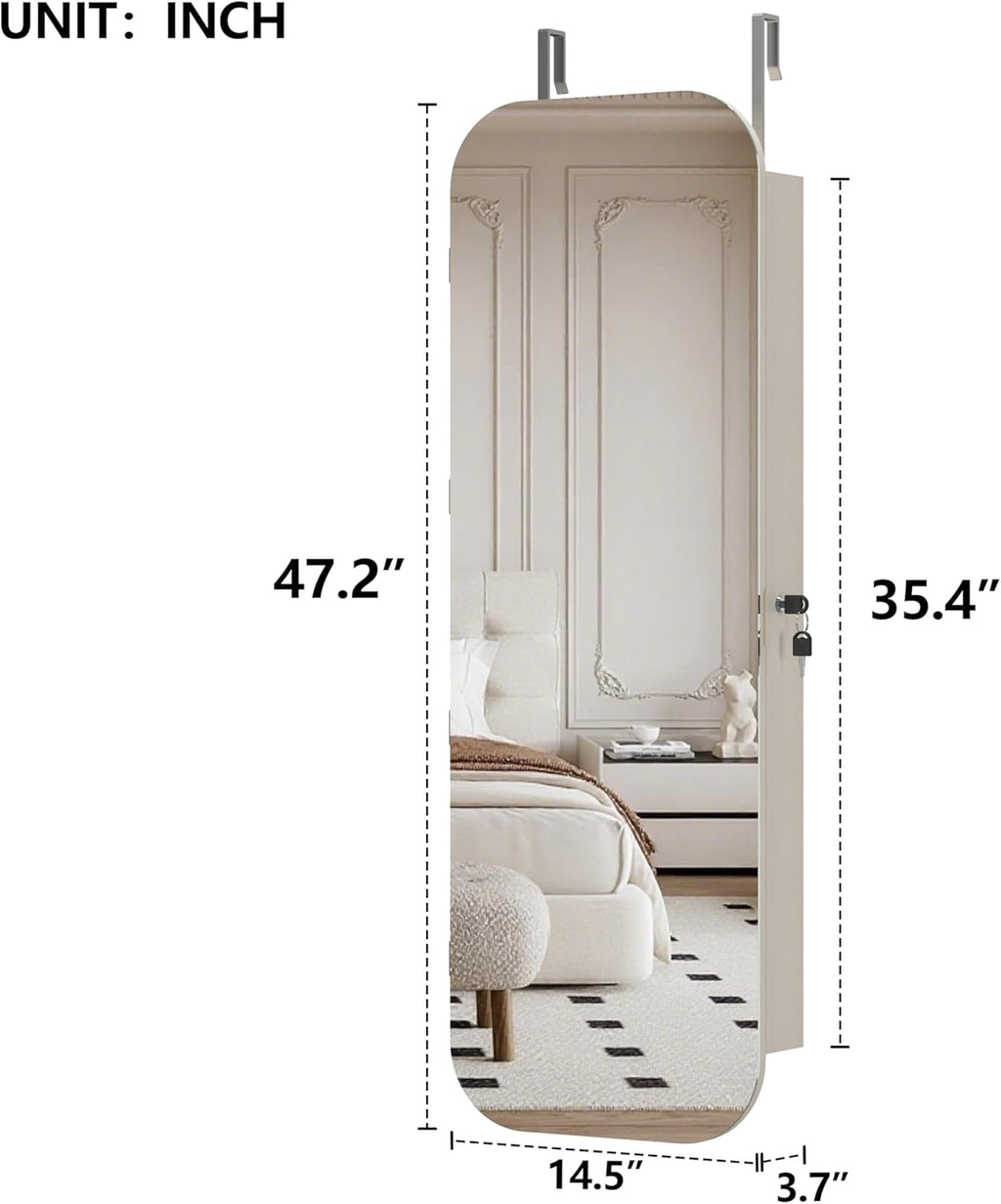 Montary Door or Wall-Mounted Jewelry Cabinet with Full-Length Mirror - Lockable Storage Organizer with Built-In LED Lighting, Hidden Jewelry Armoire for Bedroom & Closet, White