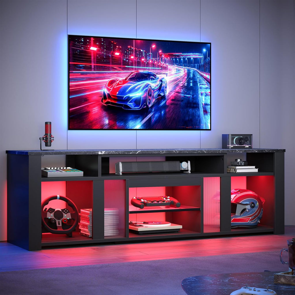 Bestier 80 Inch TV Stand for 85 Inch TVs, Modern Open Entertainment Center with LED Lights & Adjustable Shelves, Media Console for Gaming Setup and Home Theater (Black Marble)