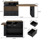 kitchen island with extendable table & 360° Swivel Tabletop, Rolling Kitchen Island Cart with Storage & Seating 4, Mobile Kitchen Island Table with Cabinet, Drawers & Shelves, Black Brown Wood