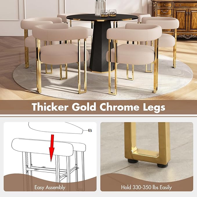 Velvet Dining Chairs Set of 4, Khaki Upholstered Barrel Armchairs with Gold M...